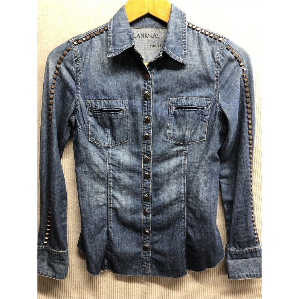BLANKNYC Denim Shirt Size Small Studded Embellished Raw Cut Hem